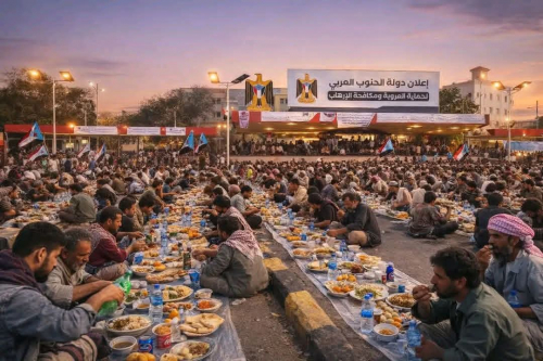 تكافل جنوبي.. موائد إفطار جماعية تستقبل وفود "طوفان 27 فبراير" في ساحة العروض بعدن (صور)