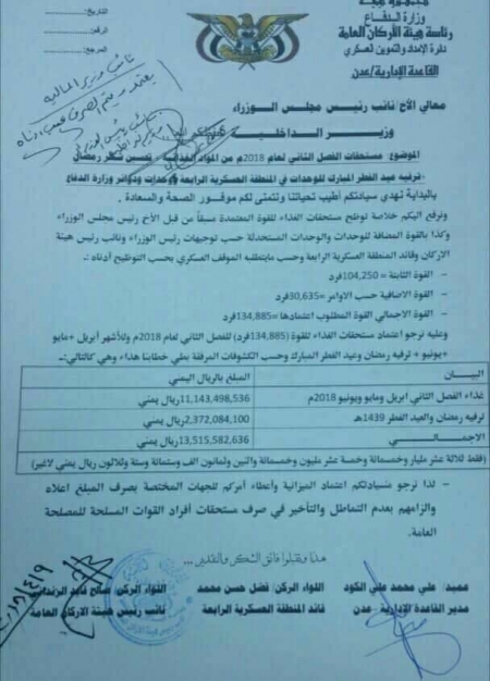 وثيقة تكشف فساد المنطقة الرابعة : 13.5 مليار ريال تغذية 3 أشهر لـ135 الف فرد